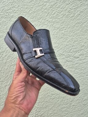 David Eden Men's Black Genuine Crocodile & Lizard Skin Slip-On Dress Loafers